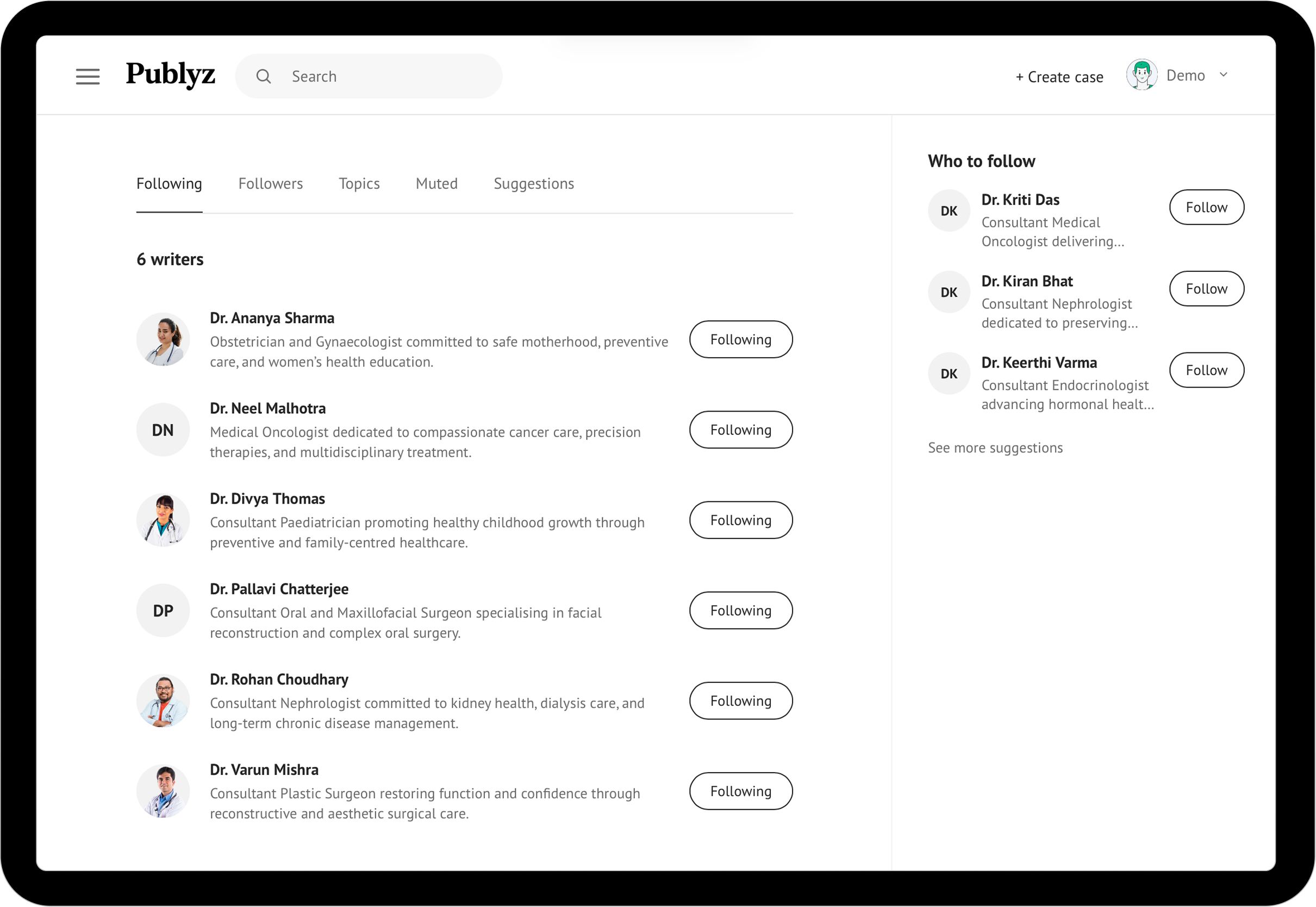 Publyz Following page showing doctors and topics followed by a member