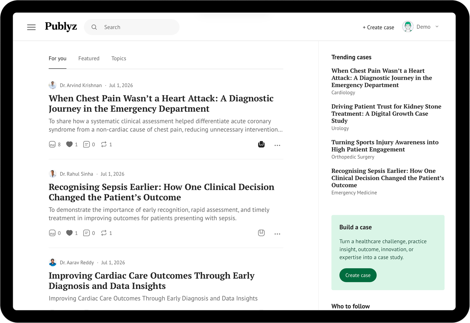 Publyz For You page showing clinical case stories and trending cases